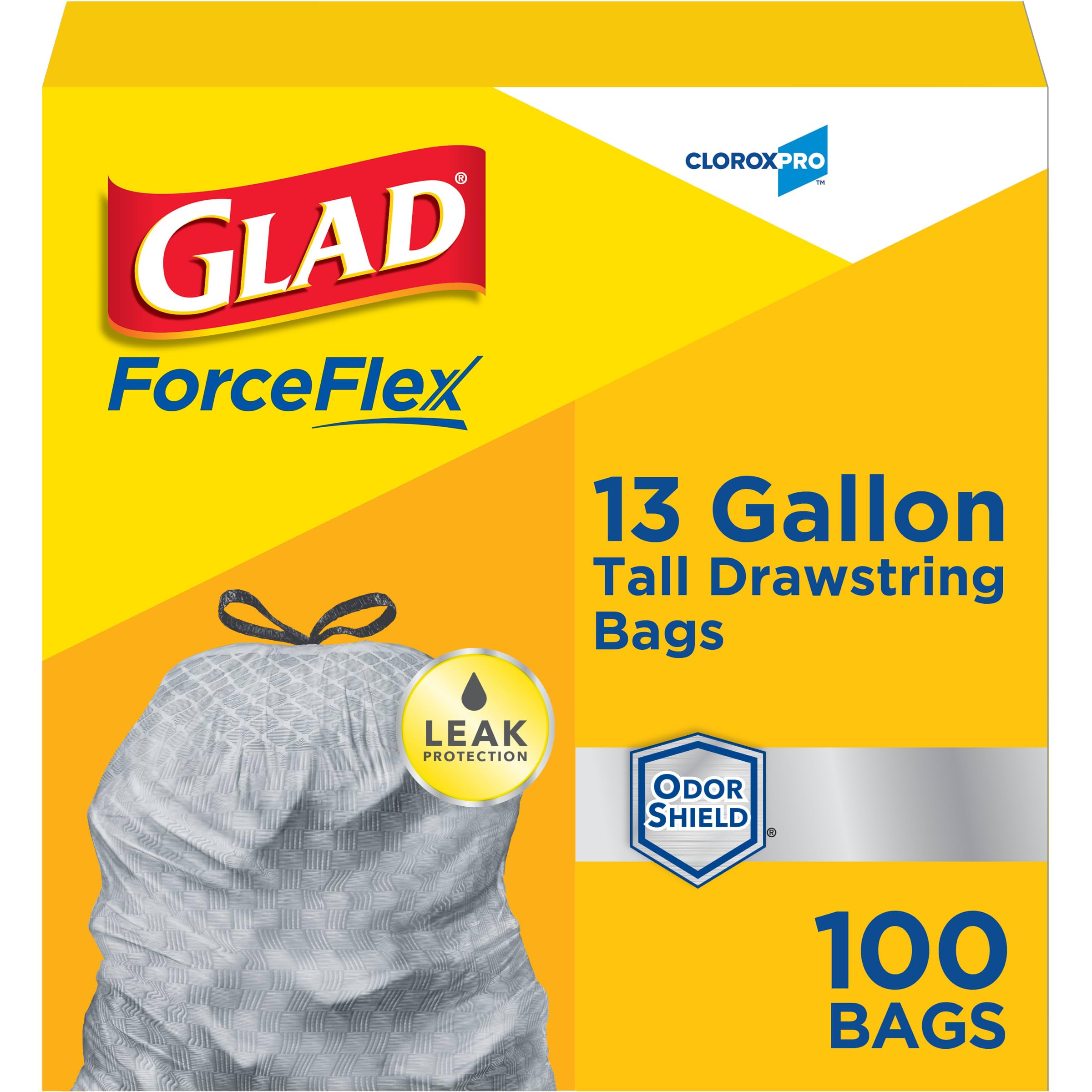 CloroxPro Glad ForceFlex 13 Gallon Tall Kitchen Drawstring Trash Bags, 100 Ct (Package May Vary)