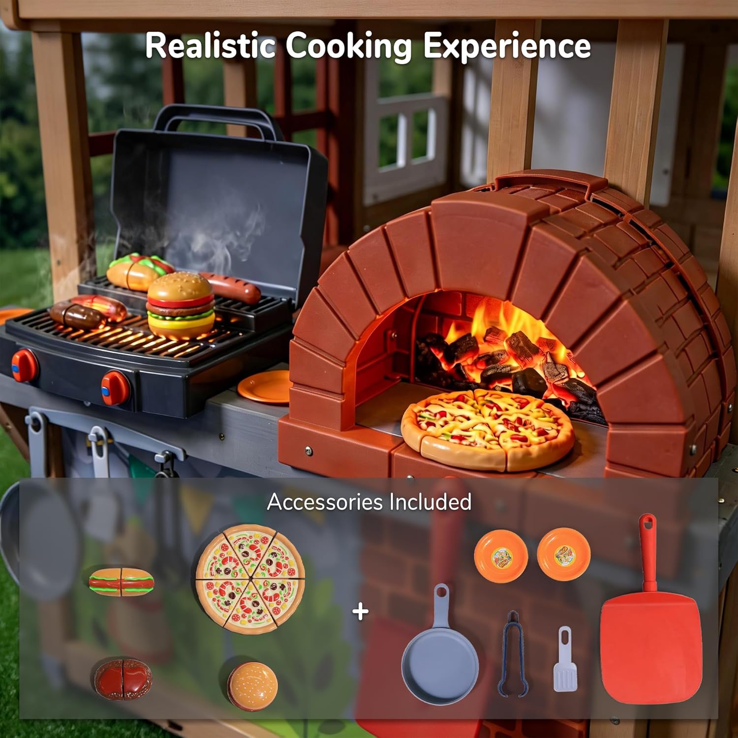 Kids Outdoor Playhouse, Cedar Wooden Playhouse for Kids Ages 3-8 with BBQ Grill, Kitchen Set, Doodle Whiteboard, Picnic Table, Mail Receiver &Working Doorbell,Cottage Play House for Backyard