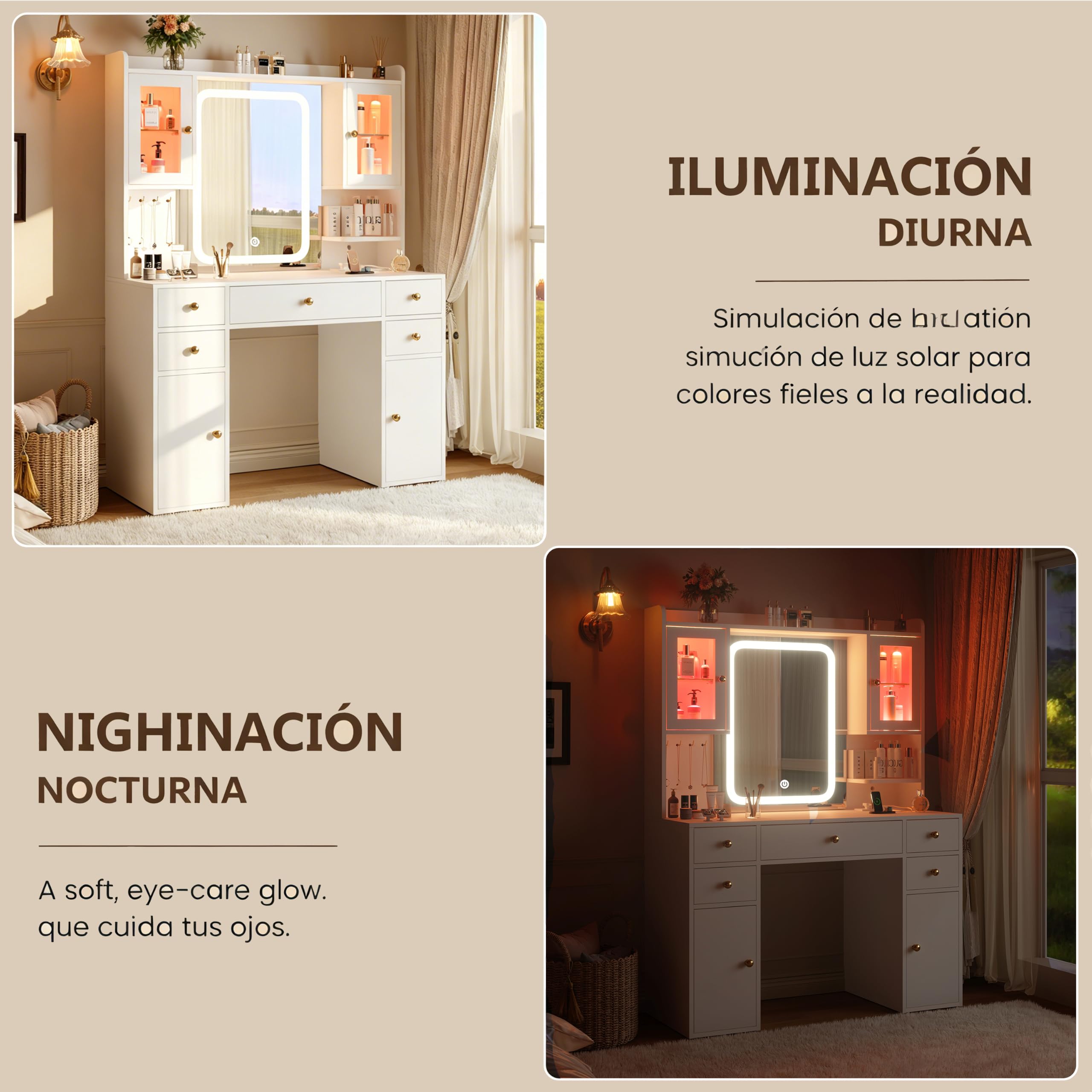 YOUDENOVA Tocador Maquillaje con Espejo LED, Tocador Grande con 2 Vitrinas RGB, 7 Cajones, Organizador de Joyas, Iluminación Regulable, Enchufes y USB Integrados, Mesa de Maquillaje Moderna, Blanco
