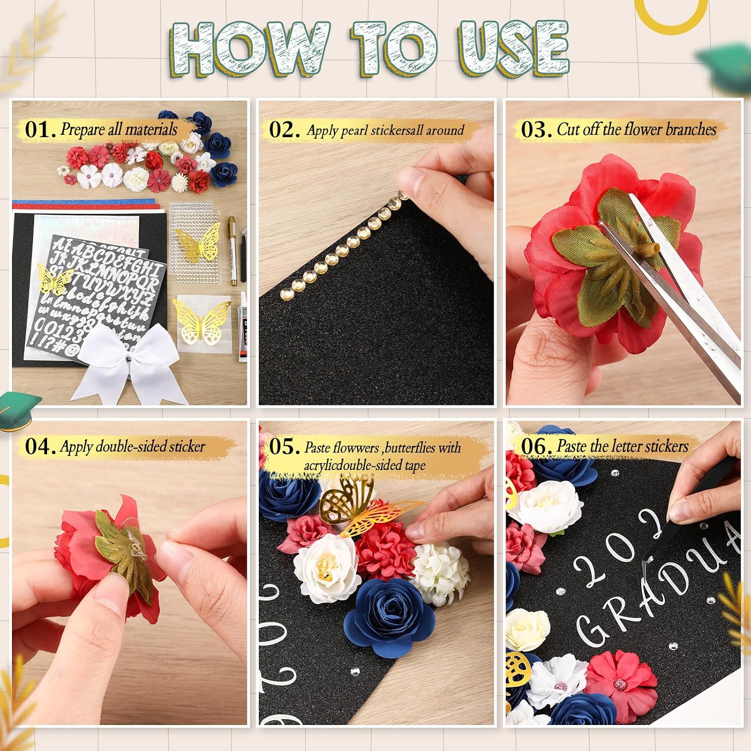 Dunzoom 66pcs DIY Graduation Cap Decorations Kit, Philippines Flag Grad Cap Toppers 2026 Stole Sash 3D Butterfly Faux Flower Number Letter Rhinestones for Grad Party Craft Decor