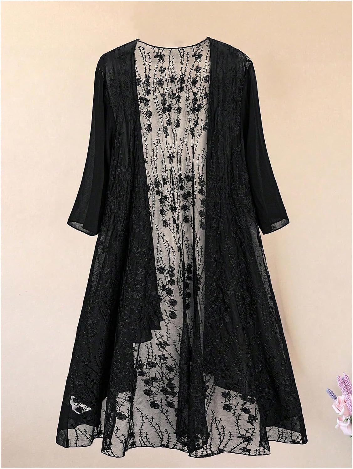 Verdusa Women's Plus Size Lace Mesh Sheer Blouse Casual Open Front 3/4 Sleeve Tunic Shirts