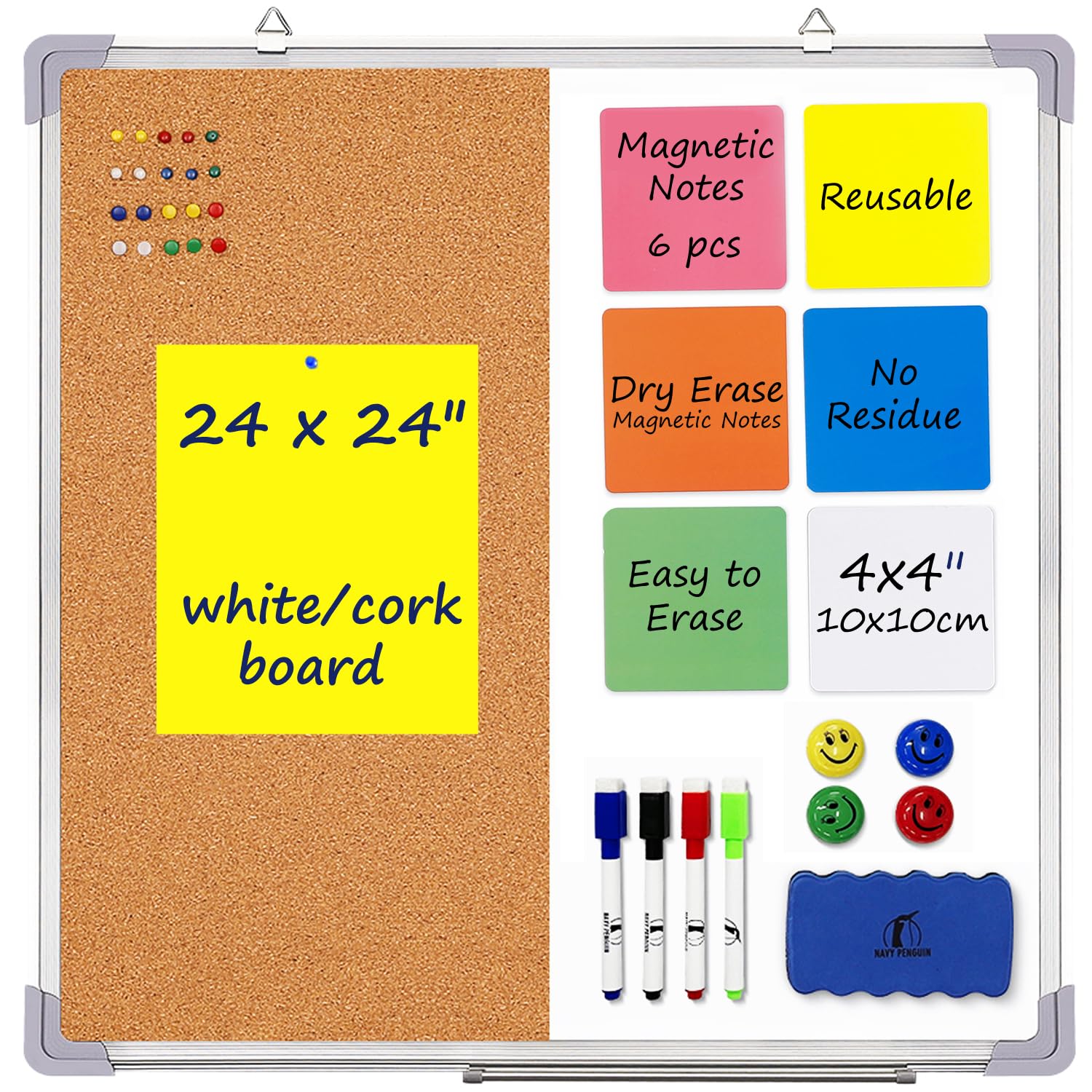 Cork Board White Board Combo - 24 x 24 Dry Erase Cork Board with 1 Dry Eraser, 4 Markers, 4 Magnets, 10 Thumb Tacks and 6 Magnetic Notes - Message Bulletin Board White Board for Home Office Desk