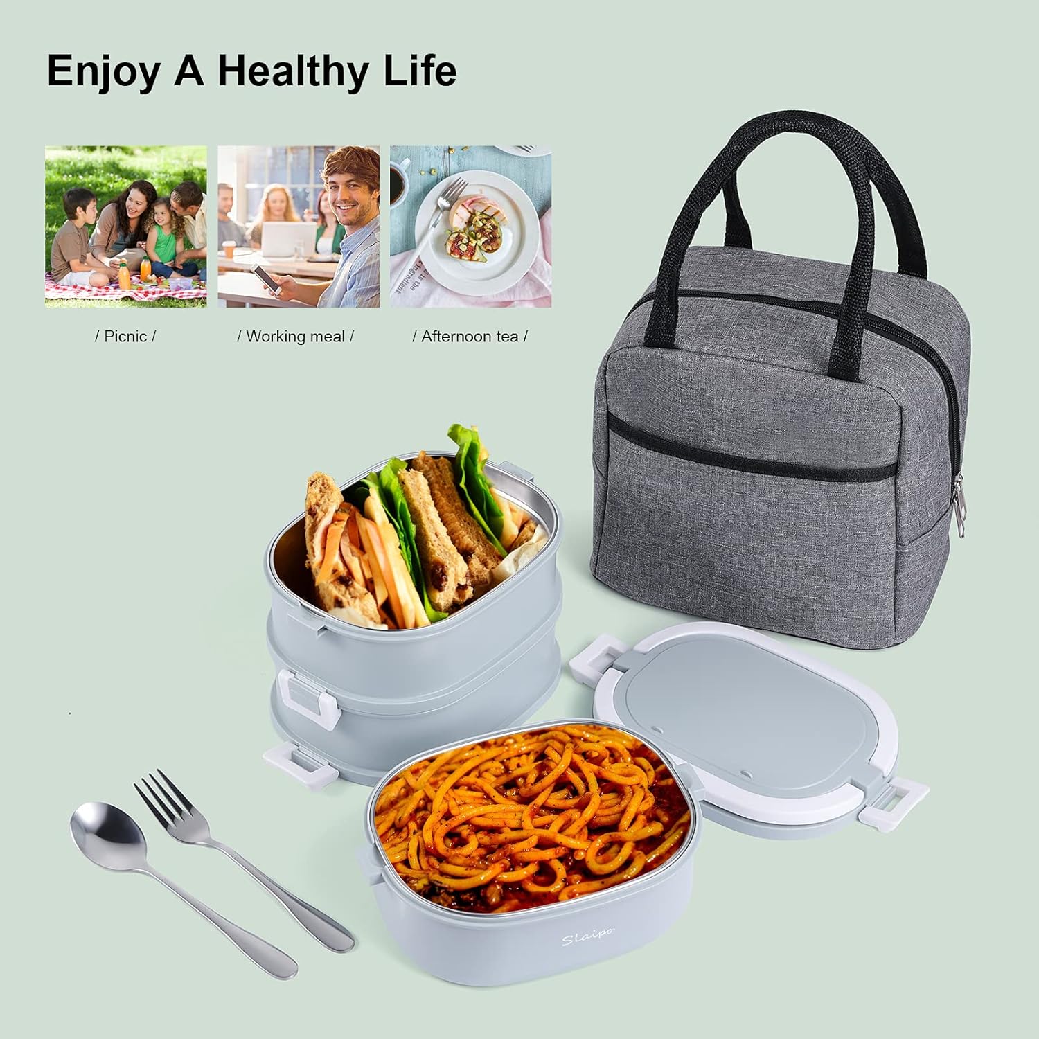 Bento Box Adult Lunch Box, Lunch Box for Men Women with Insulated Lunch Bag, Stainless Steel Salad Lunch Containers, Stackable Leakproof Lunch Kit(Blue)