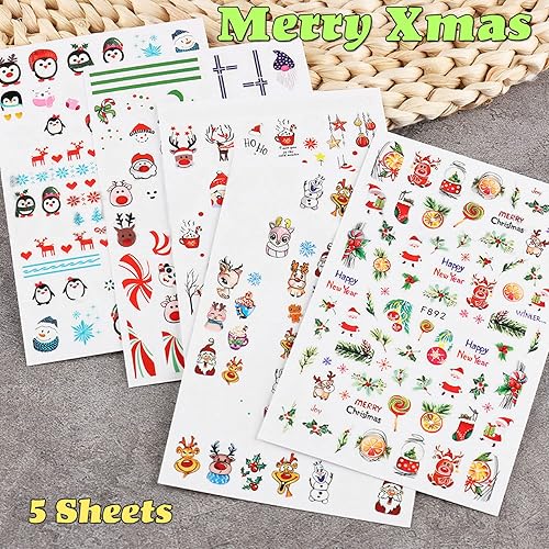 Miniatura 2 de 5 hojas de calcomanías de Navidad para uñas de invierno copo de nieve Papá Noel alce pingüino lindo diseño suministros de uñas autoadhesivas 3D para