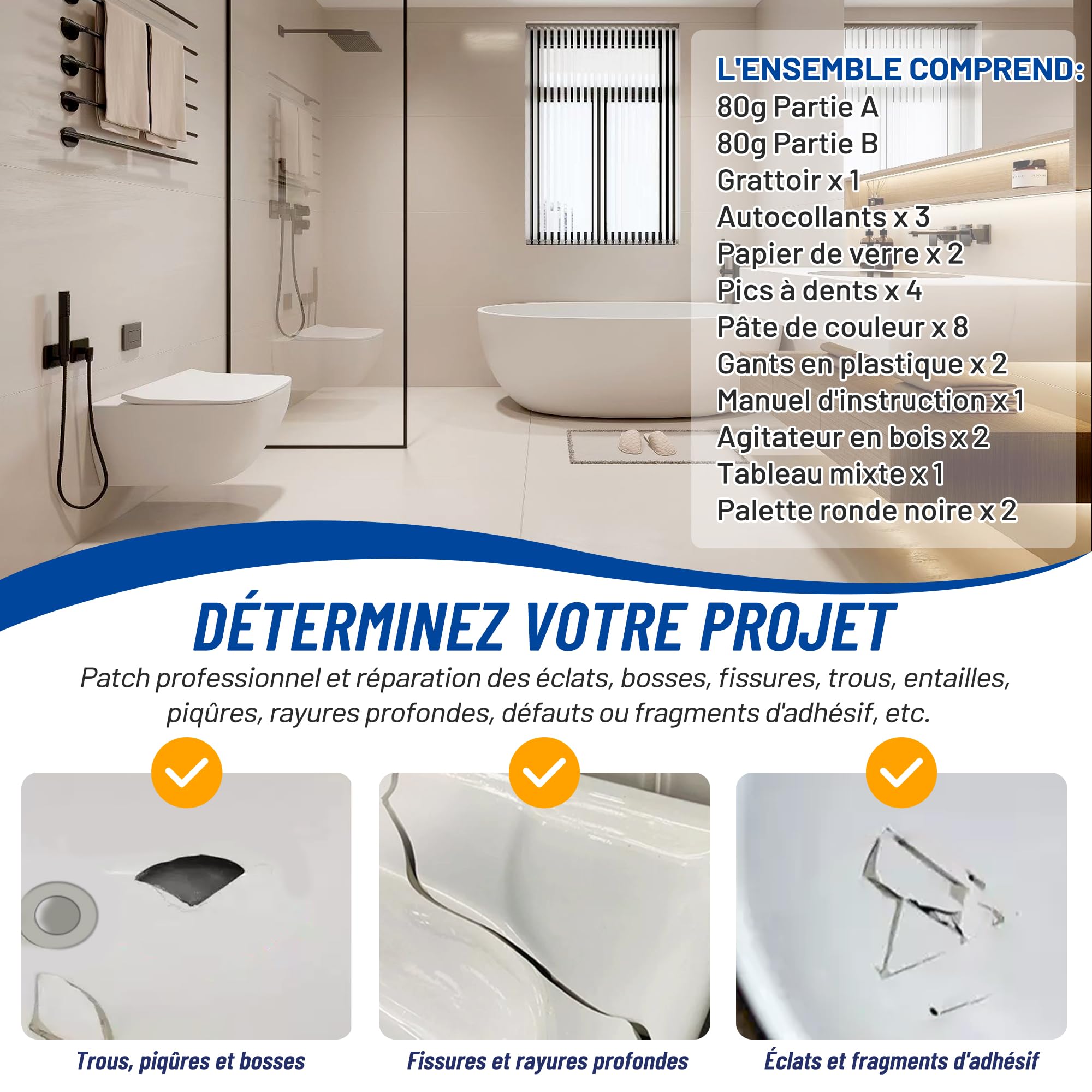 Kit Reparation Baignoire Blanc, Kit Réparation Carrelage Pour Acrylique, Céramique, Cuisine Salle de Bain Répare éclats, Rayures, Fissures et Trous Rouille Kit Réparation Email Baignoire -Multicolore