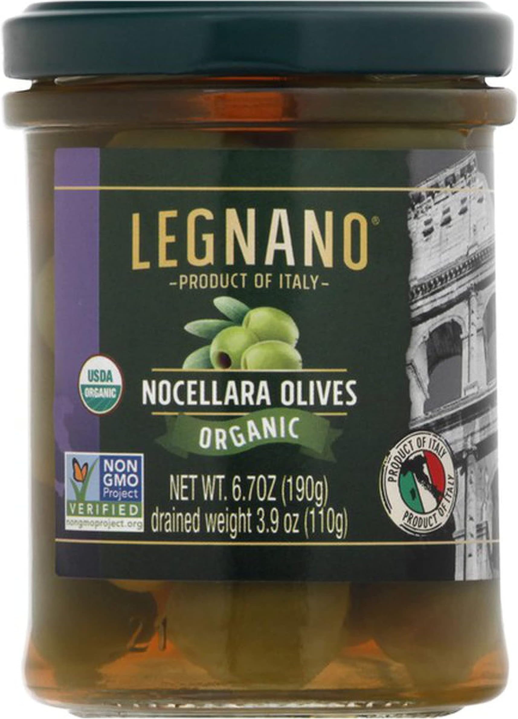 Organic Green Nocellara Olives by Legnano | Authentic Italian Olives | Green Olives Organic, Non-GMO | Made in Tuscany | 6.7 oz Jar