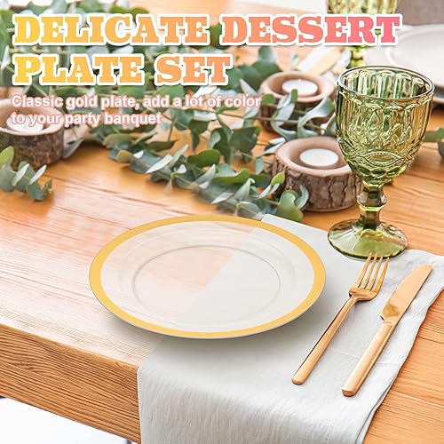 Miniatura 3 de Tanlade 100 platos de plástico de Navidad de oro transparente a granel de 7.5 pulgadas, desechables de alta resistencia, con borde rojo, ensalada,