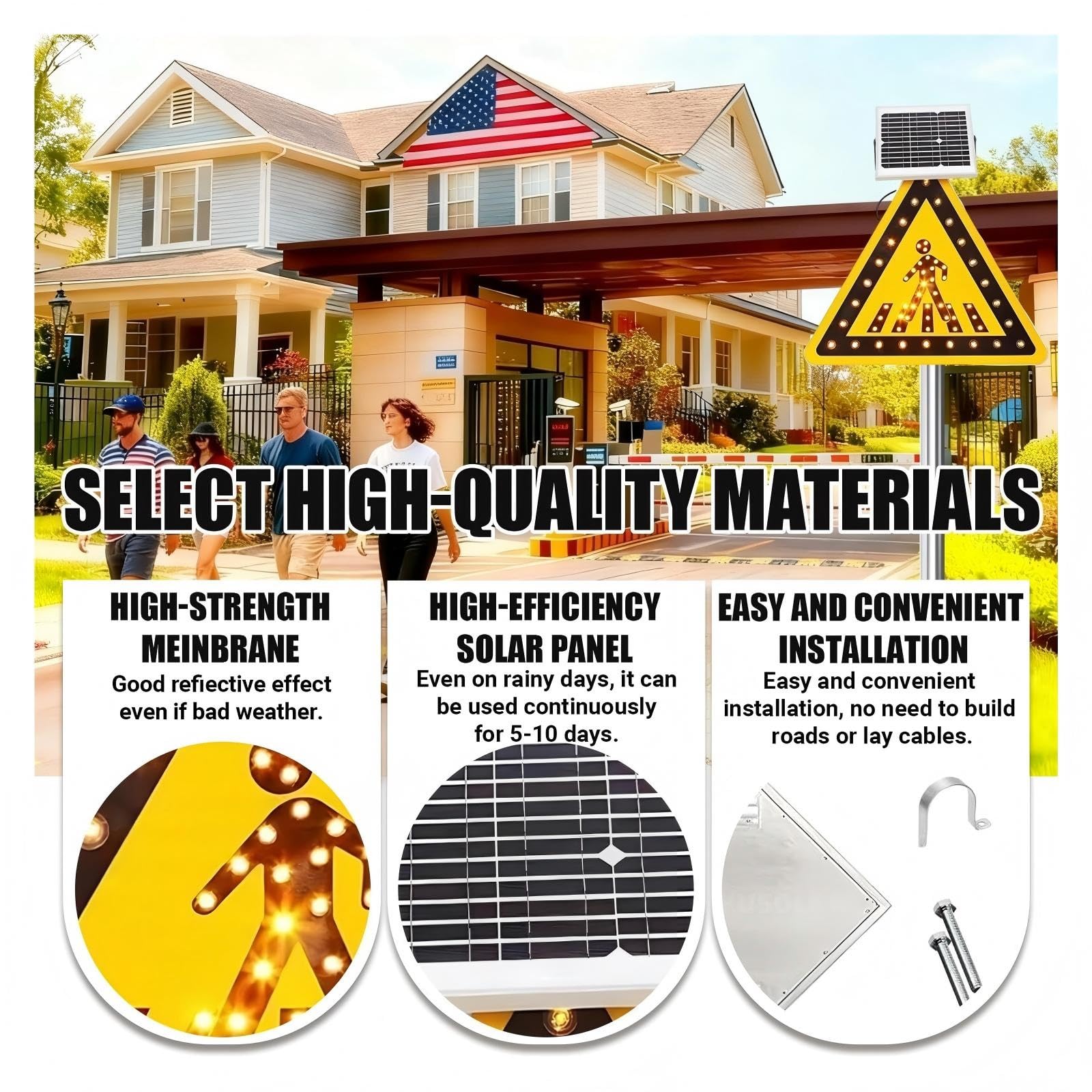 Señal solar de paso de peatones, señal LED intermitente de 24 pulgadas con marco de metal duradero para uso en exteriores, señal de seguridad esencial para control de tráfico y orientación peatonal