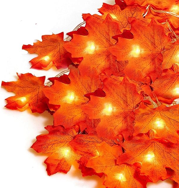 GrassVillage 20 LED Maple Leaves Fairy Lights - 2M / 6.8 Feet - Fall Garland, Harvest Autumn Decoration Lights 2 AA Battery Operated Perfect for Parties/Halloween/Thanksgiving/Xmas OR Any Occasion