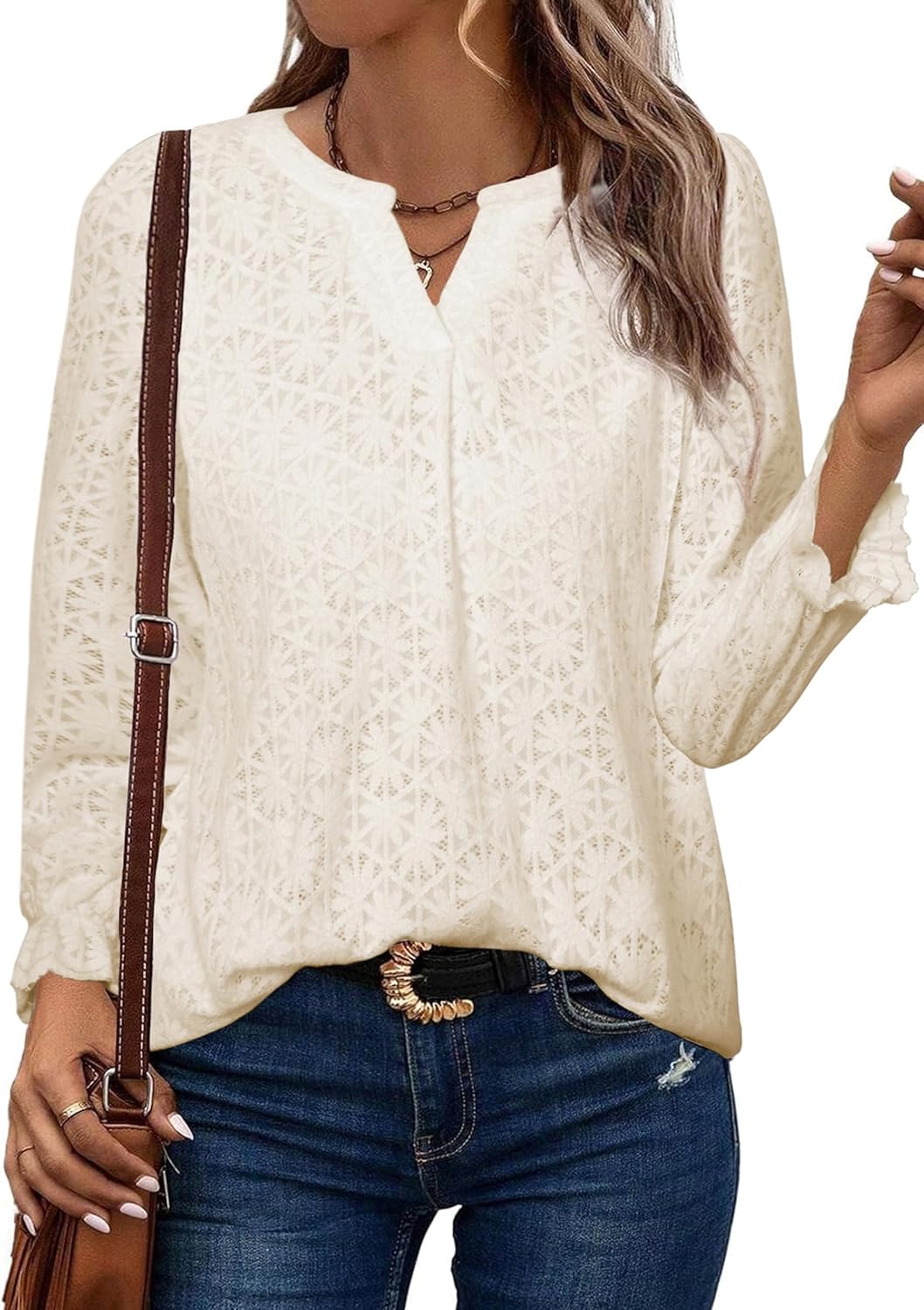 Simplee Womens Eyelet Dressy Blouses Tops Lace Casual Long Sleeve Hollow Out V Neck Fall Spring Boho Shirts