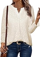 Simplee Women's Eyelet Lace Blouse: Long Sleeve Hollow Out V-Neck Boho Tops for Fall Spring Casual Dressy Wear