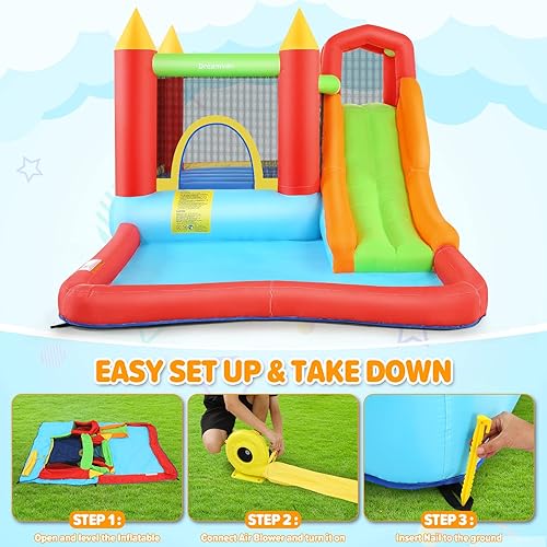 Miniatura 8 de Casa inflable para niños, casa inflable con soplador de aire, castillo animoso con tobogán, piscina, pared de escalada, área de rebote, piscina de