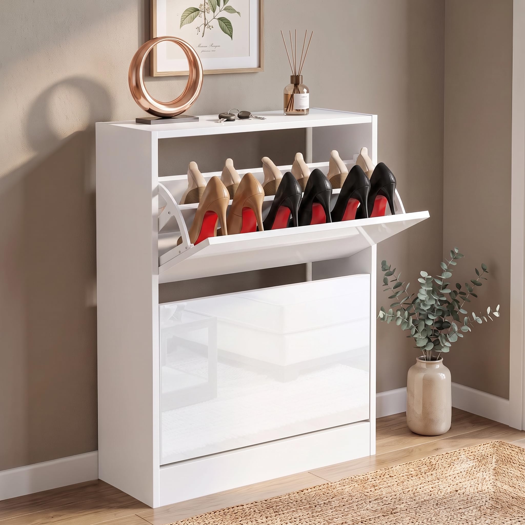 Blisswood High Gloss 2 Drawer Shoe Cabinet Cupboard, Shoe Storage Organiser Freestanding 2 Tier Wooden Shoe Rack Cabinet Modern Footwear Stand For Hallway, Living Room Furniture (Gloss White) — image 1