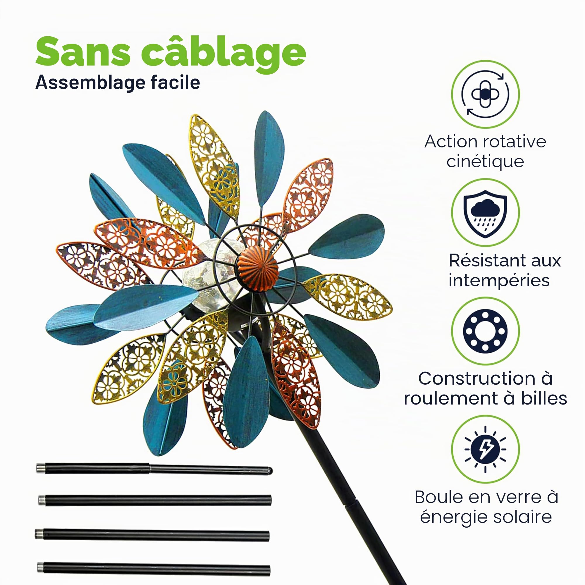 Arabesque Éolienne Solaire Multicolore 190,5 cm avec Boule en Verre à énergie Solaire avec éolienne cinétique Double Sens pour terrasse, pelouse et Jardin.