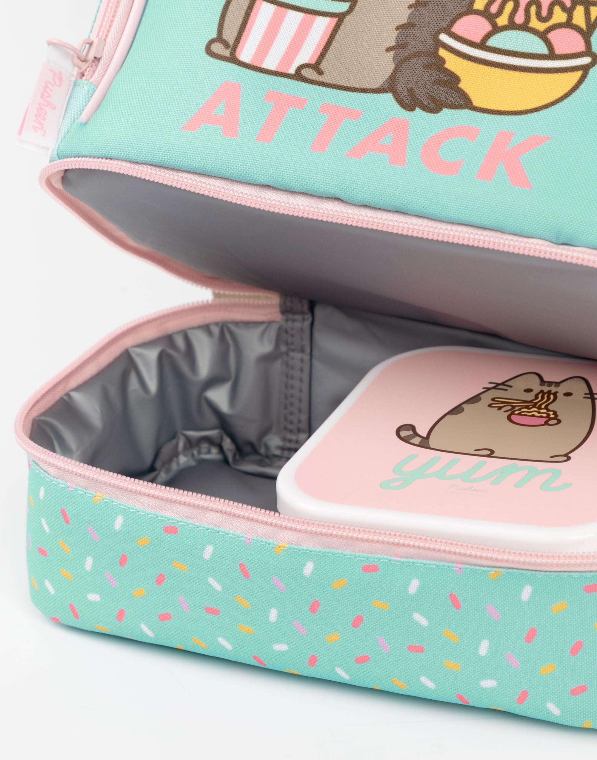 Pusheen le sac à lunch, la boîte à lunch et l'ensemble de bouteilles de boissons le chat à la menthe | Snack Attack Polkadot Ensemble déjeuner scolaire pour filles | Bouteille d'eau transparente