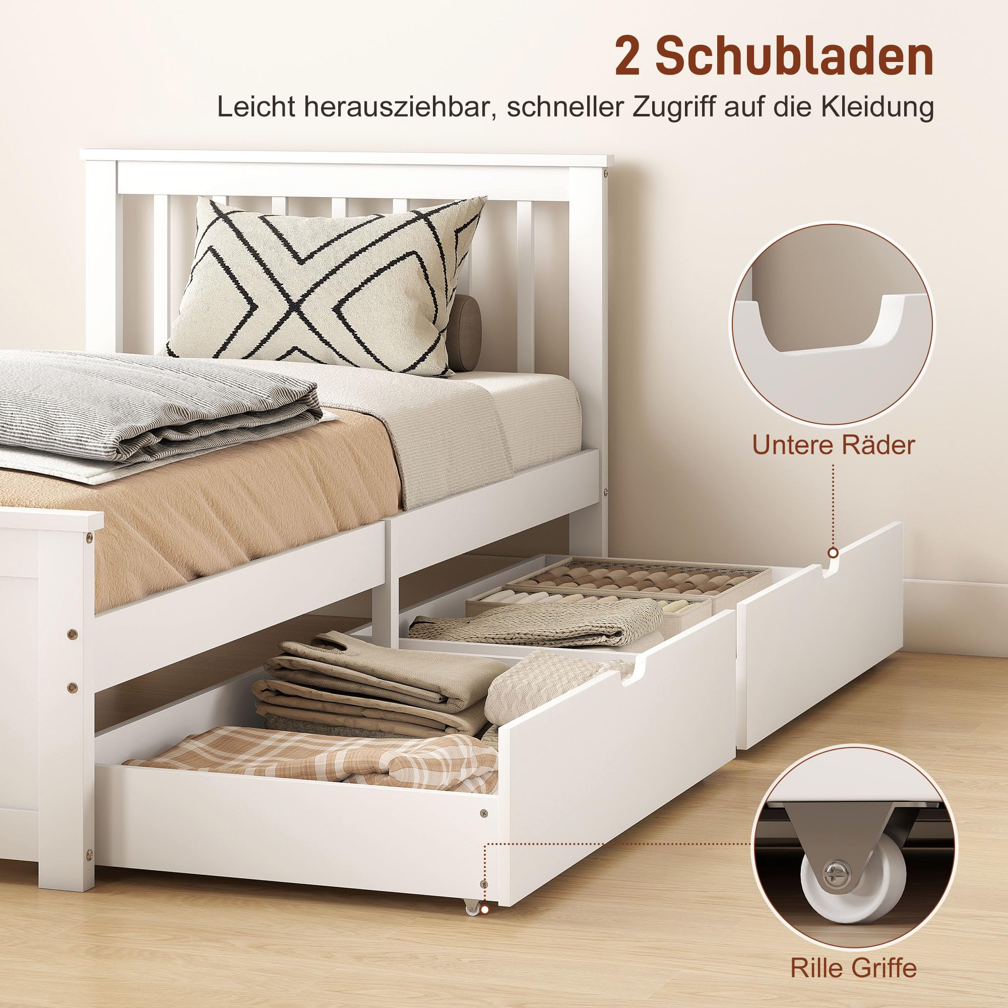 HOMCOM Bett 90 x 200 cm Bettrahmen mit Lattenrost, Schublade, Weiß