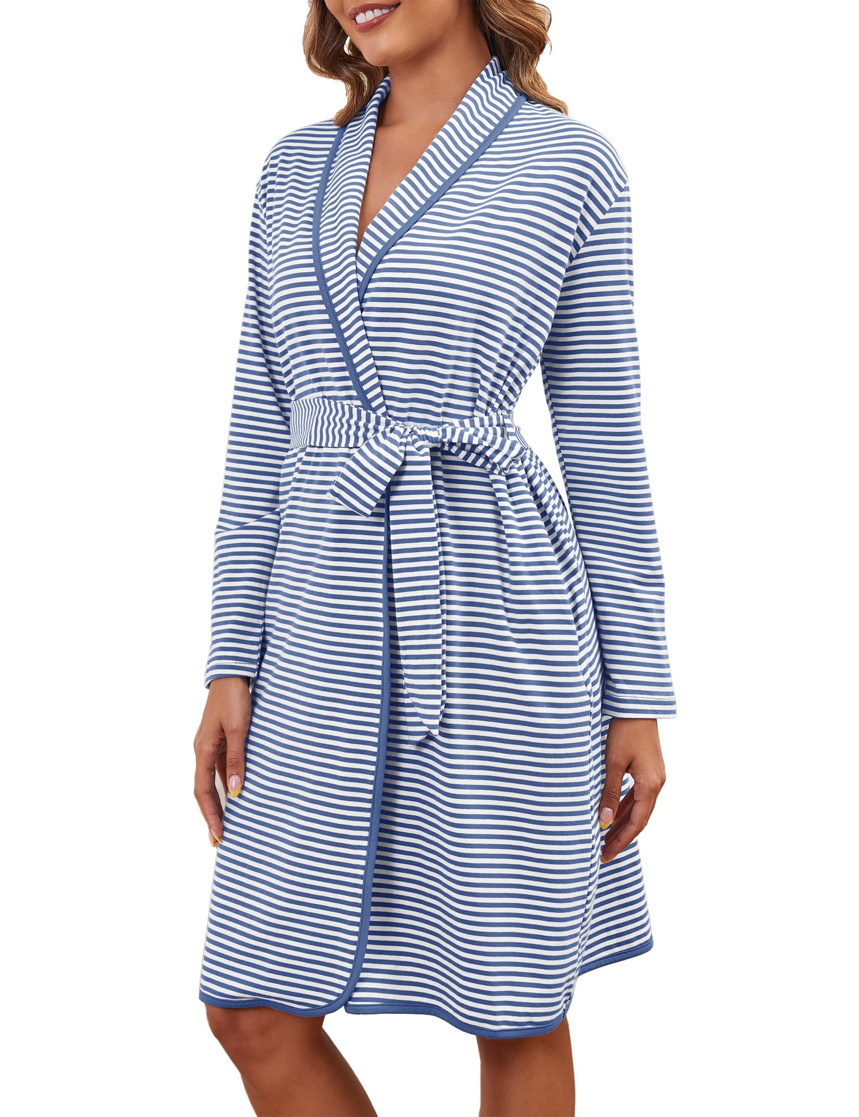 Namatime Cotton Robes for Women Striped Long Sleeve Kimono Bath Robe Lightweight House Coat Bathrobe Loungewear with Pockets