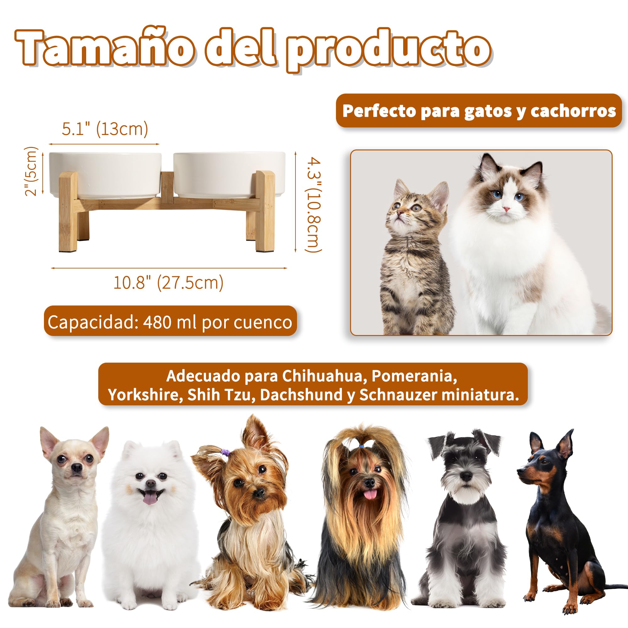 Juego de cuencos elevados de cerámica para perros, cuencos elevados con soporte de bambú antideslizante, platos pequeños para mascotas para alimentos y agua, ideal para gatos y cachorros, 16 onzas, 2