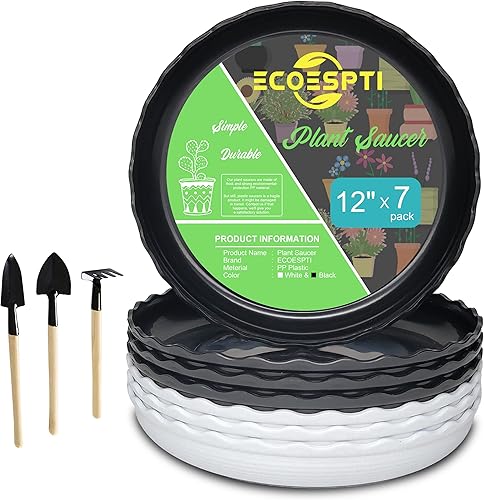 Miniatura 1 de ECOESPTI Platillo para plantas, paquete de 7 bandejas de plástico duraderas de 8, 10, 12, 14, 15 pulgadas para macetas, platillos redondos blancos y