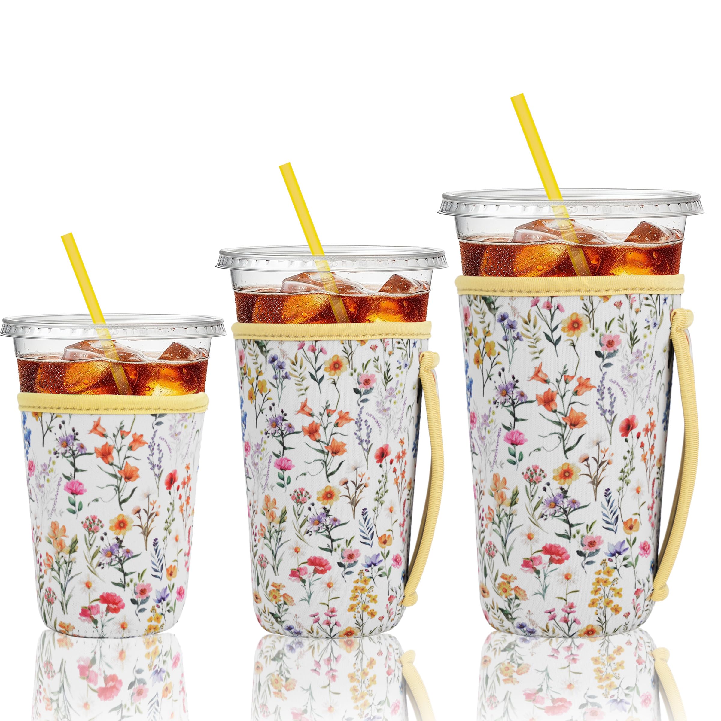 KJQJLY 3 Reusable Iced Coffee Sleeves for Iced Coffee Cups or Drinks Reusable Neoprene Insulated Sleeves for Hot and Cold Drinks from Starbucks, Dunkin, And More (Wildflower)