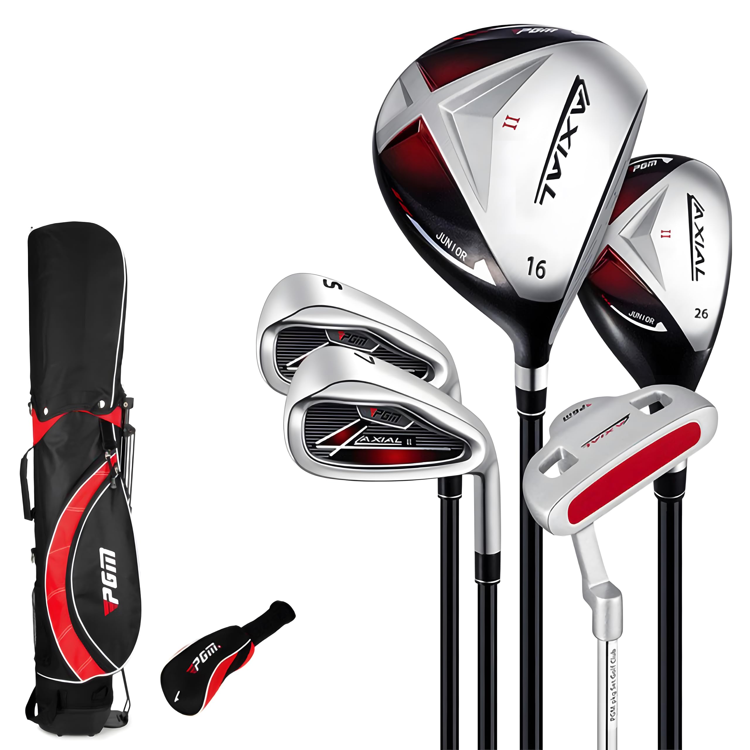PGM Junior Golfschläger AXIAL Golfschläger Komplettset Rechtshänder für Kinder Kinder, 5 Stück Jugend Golfschläger mit Standtasche und 1 Schlägerhaube für Jungen & Mädchen