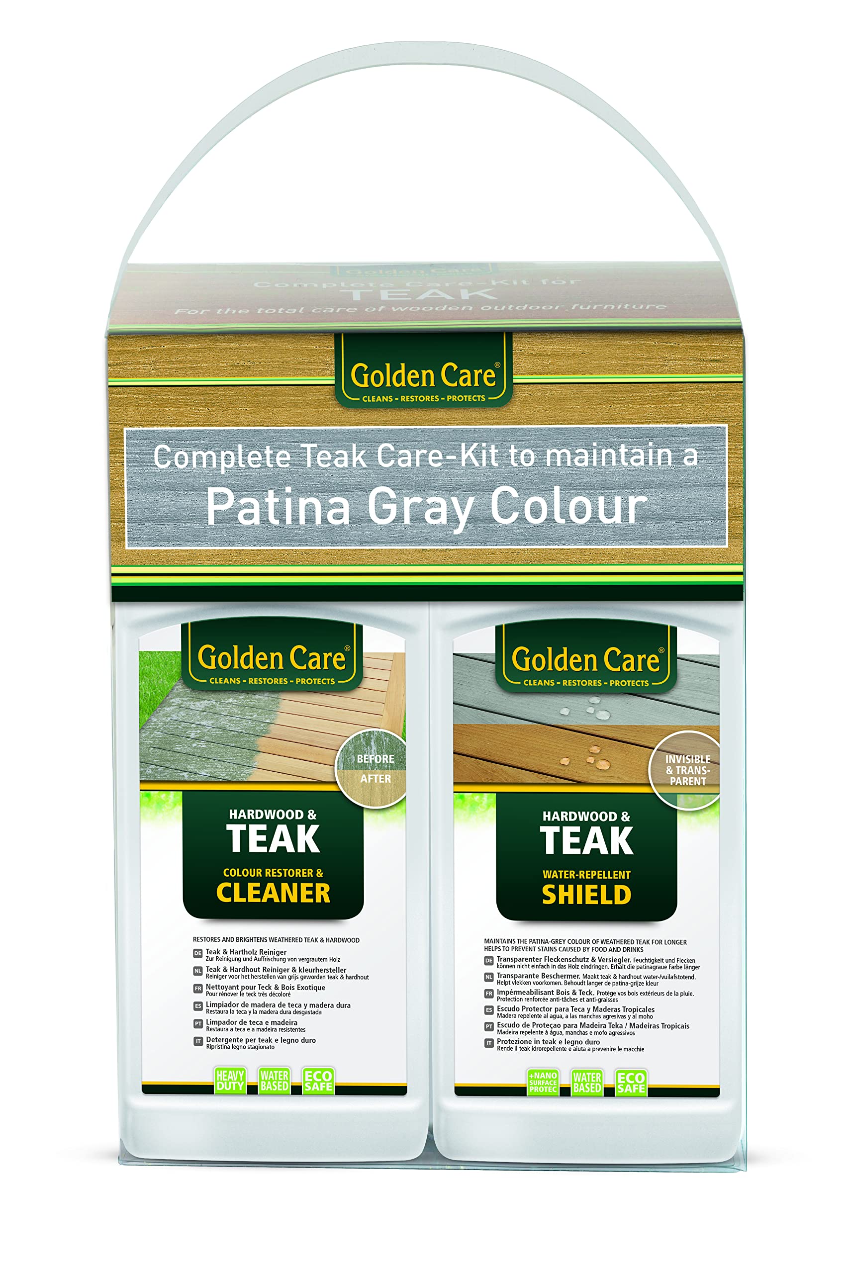 Golden CareTeak Wood Care Kit 8 Pieces (Includes Cleaner + Shield, Cleaner for Garden Furniture/Outdoor Furniture, Includes Accessories, for Grey Teak Wood) 60005