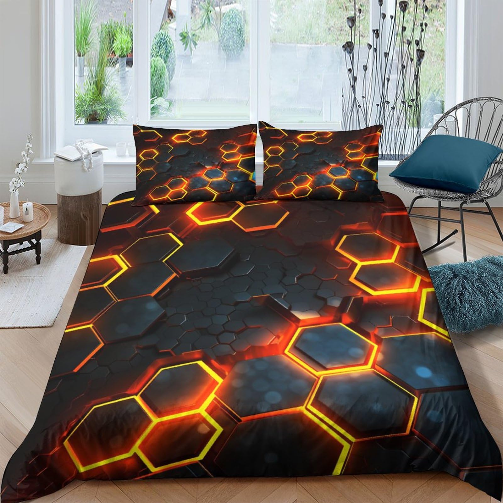Parure de lit motifs hexagonaux pour lit king size avec housse de couette zippée
