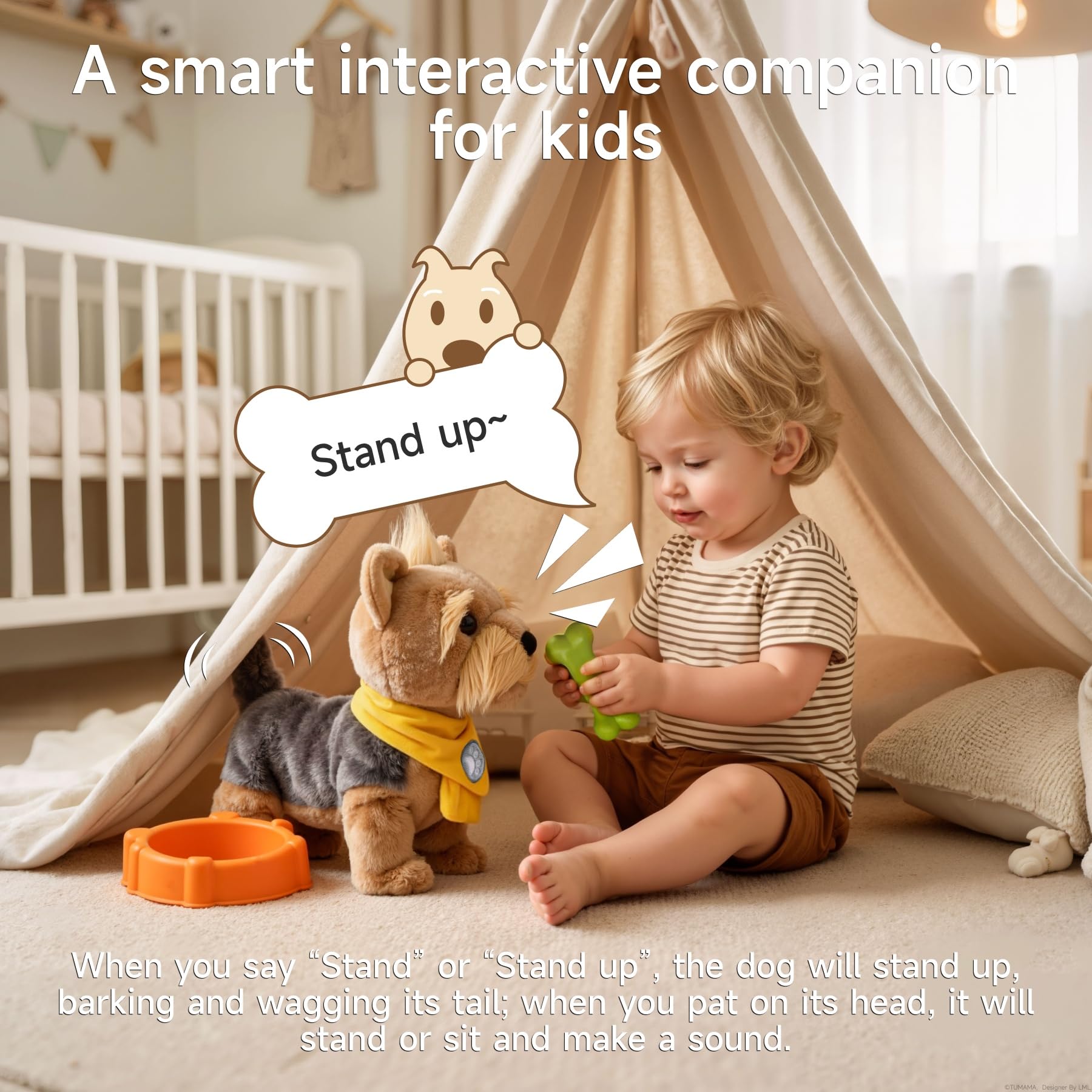 TUMAMA KIDS Perrito de Peluche Que Camina, Perro Interactivo | Juguete electrónico que canta, ladra y mueve la cola; peluche con control por voz – Juguete para niños y niñas