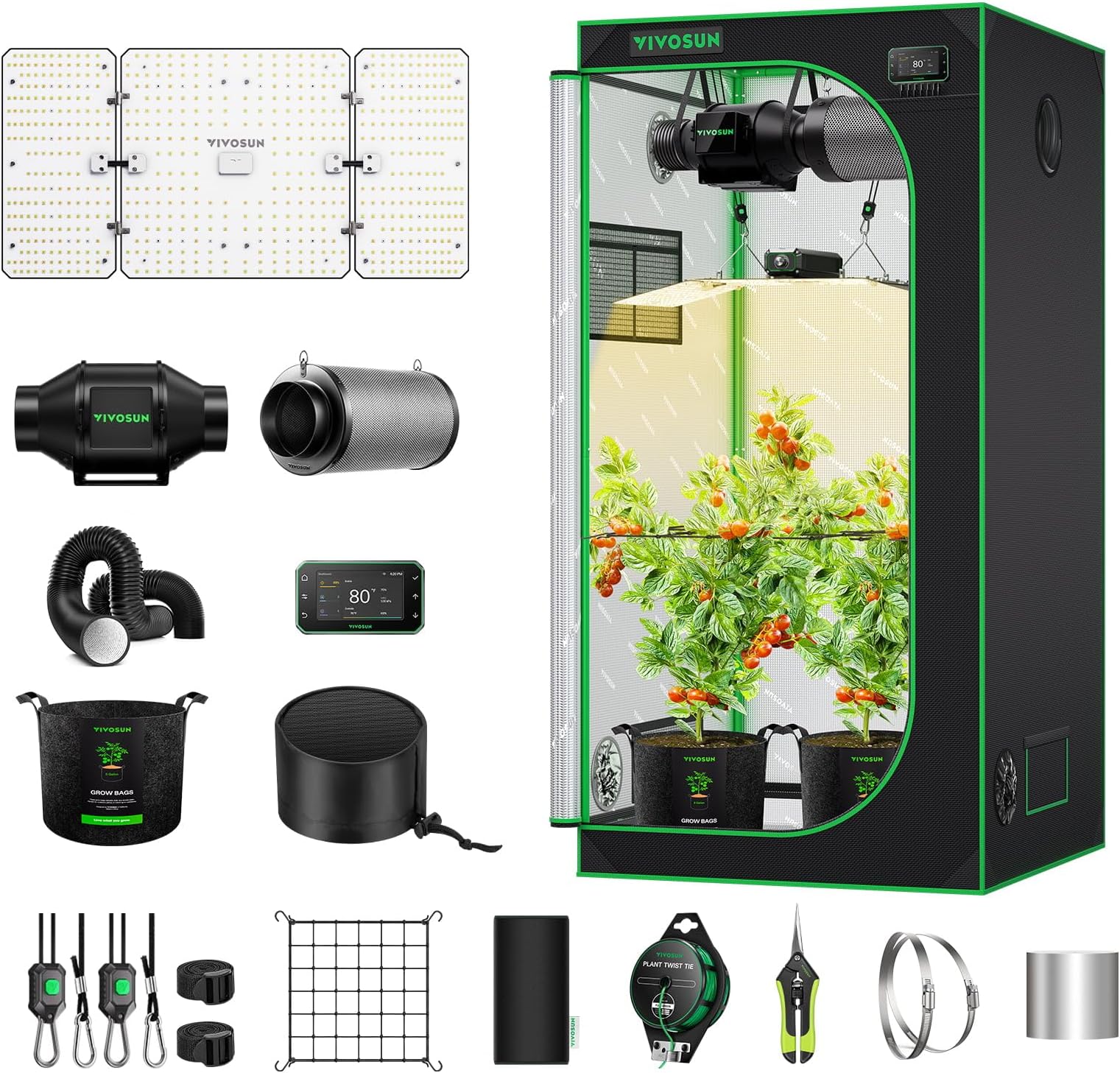 VIVOSUN GIY Grow Tent Complete Set 90 x 90 x 180 cm 200 W Full Spectrum Grow Lamp with Automatic Ventilation and Circulation Smart Grow Tent Kit with GrowHub E42A Controller