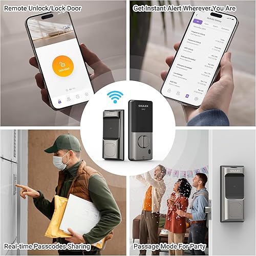 Miniatura 4 de Saulex DB02 - Cerradura inteligente, Wi-Fi integrado, cerradura de puerta delantera de entrada sin llave 5 en 1, cerrojos de teclado con control