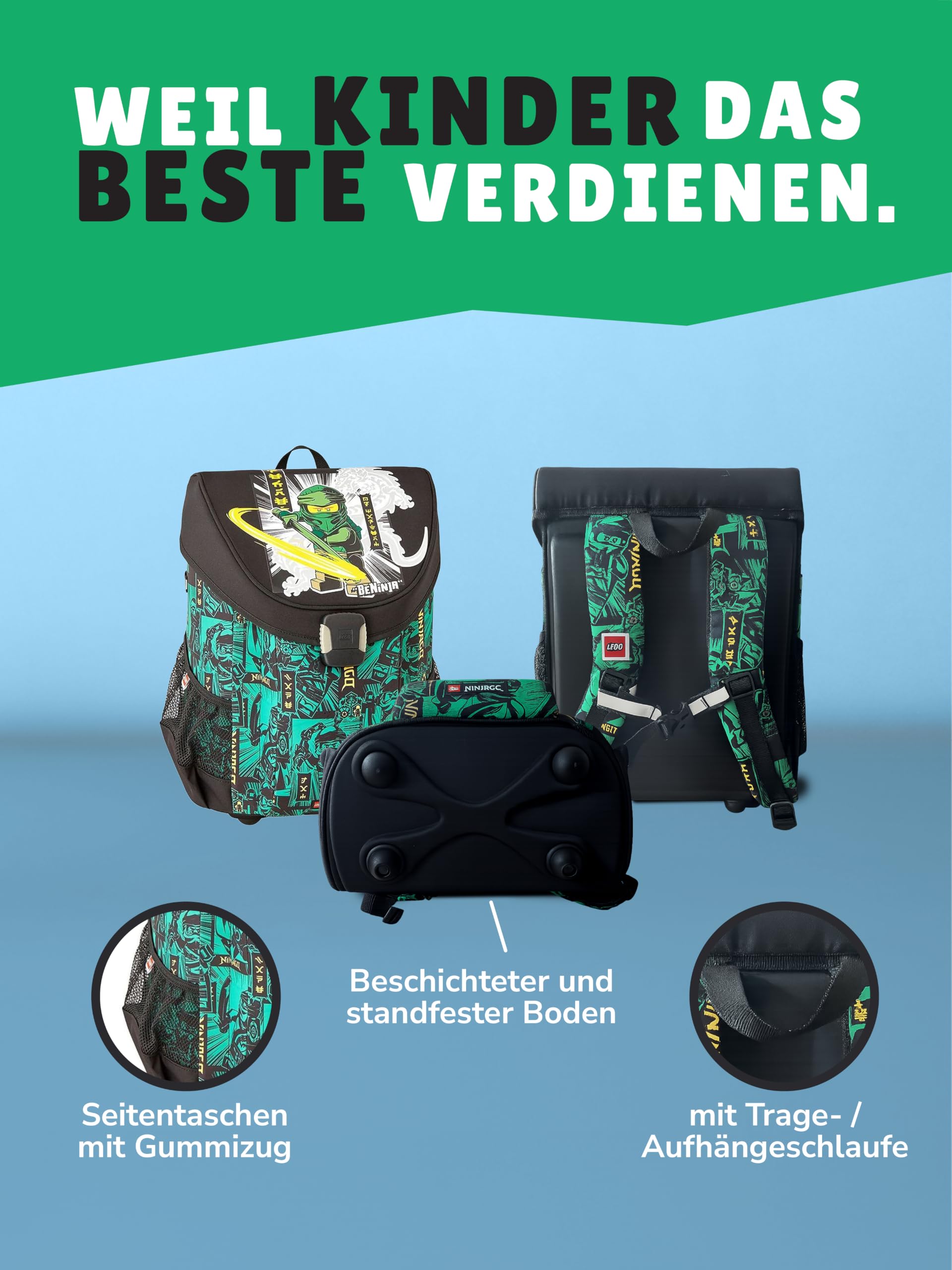 Familando - Schulranzen Set 7-teilig mit Lunch-Set - Lego Easy Green Ninjago - Ergonomisch, stabil & mit gepolstertem Rücken - 790g leicht mit 21L Volumen - mit Reflektoren - Ab 1. Klasse