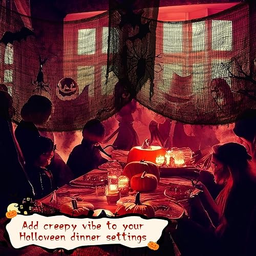 Miniatura 5 de Riare Paquete de 12 paños espeluznantes negros de Halloween de 30 x 75 pulgadas, tela espeluznante de gasa negra para fiesta de Halloween, casa