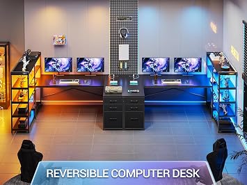 SEDETA 64.5 Reversible L Shaped Gaming Desk with Storage Drawers, Shelves