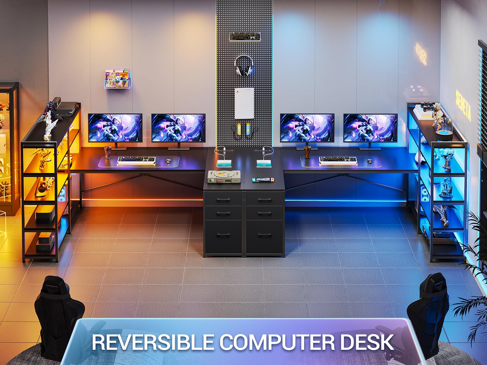 SEDETA L Shaped Gaming Desk, Reversible U Shaped Computer Desk with Power Outlet and Storage Shelves, Corner Gaming Desk with LED Lights, 3 Fabric Drawers, Black
