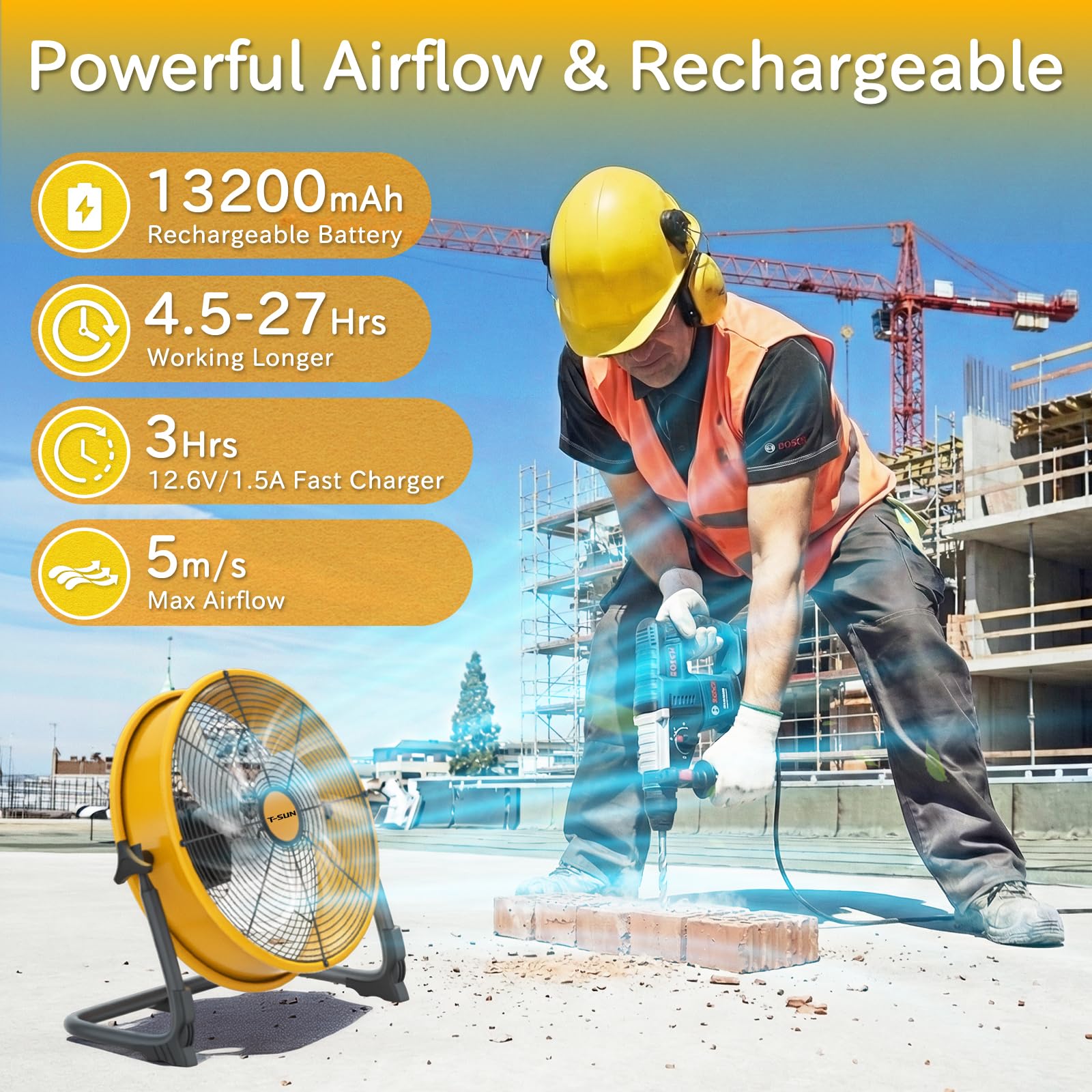 Ventilatore da Pavimento 30cm, 13200mAh Ricaricabile Ventilatore, Ventilatore Industriale Senza Fili, Silenzioso, Regolazione Continua Velocità, Inclinabile 360°, per Casa/Ufficio/Magazzino/Esterno