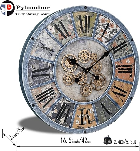 Miniatura 2 de Unique Moving Gear - Reloj de pared grande, alimentado por baterías. Decoración industrial retro de granja Steampunk para la sala de estar, cocina,