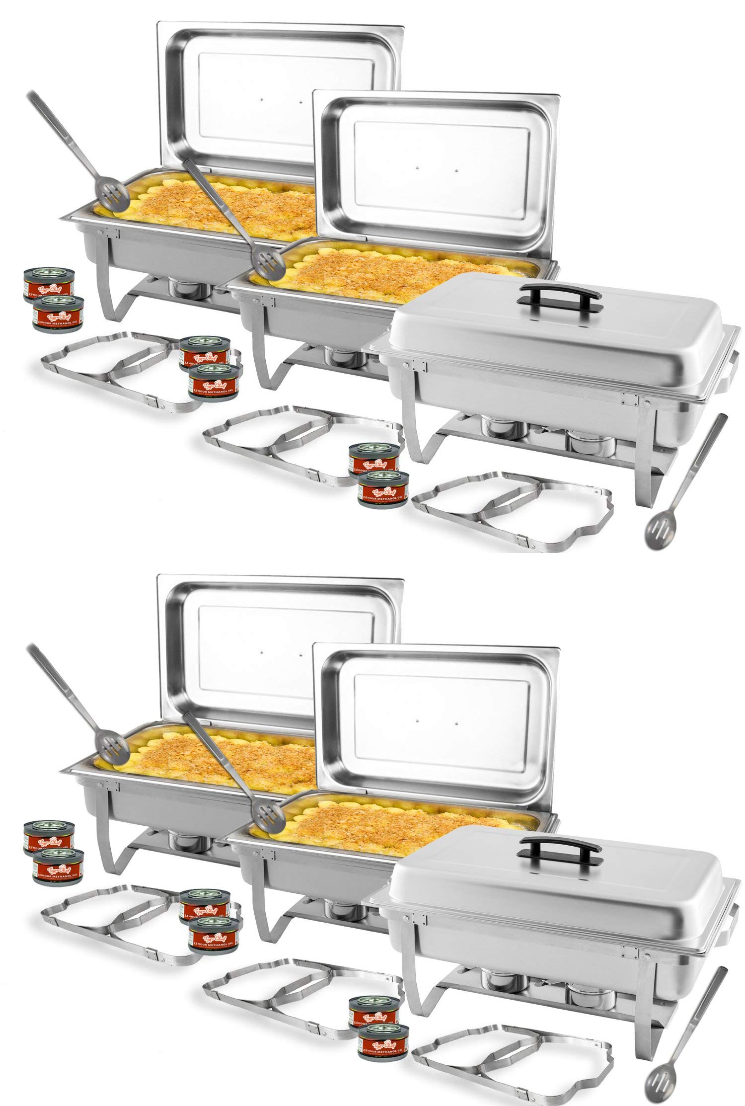 TigerChef Chafing Dish Buffet Set - Chaffing Dishes Stainless Steel - 6 Sets of Chafers and Buffet Warmer Sets: 12 Chafing Gels, 6 Slotted Spoons and Foldable Frame - Food Warmers for Parties Buffets