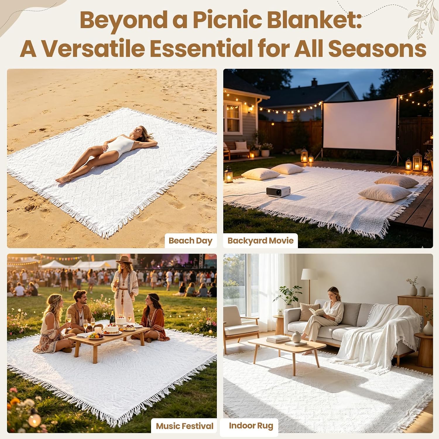 Extra Large Picnic Blanket, 71x134 inch Giant Woven Cotton Yarn Oversized Beach Blanket with Strap for Camping, Machine Washable Huge Outdoor Rug Fits 7-10 Adults