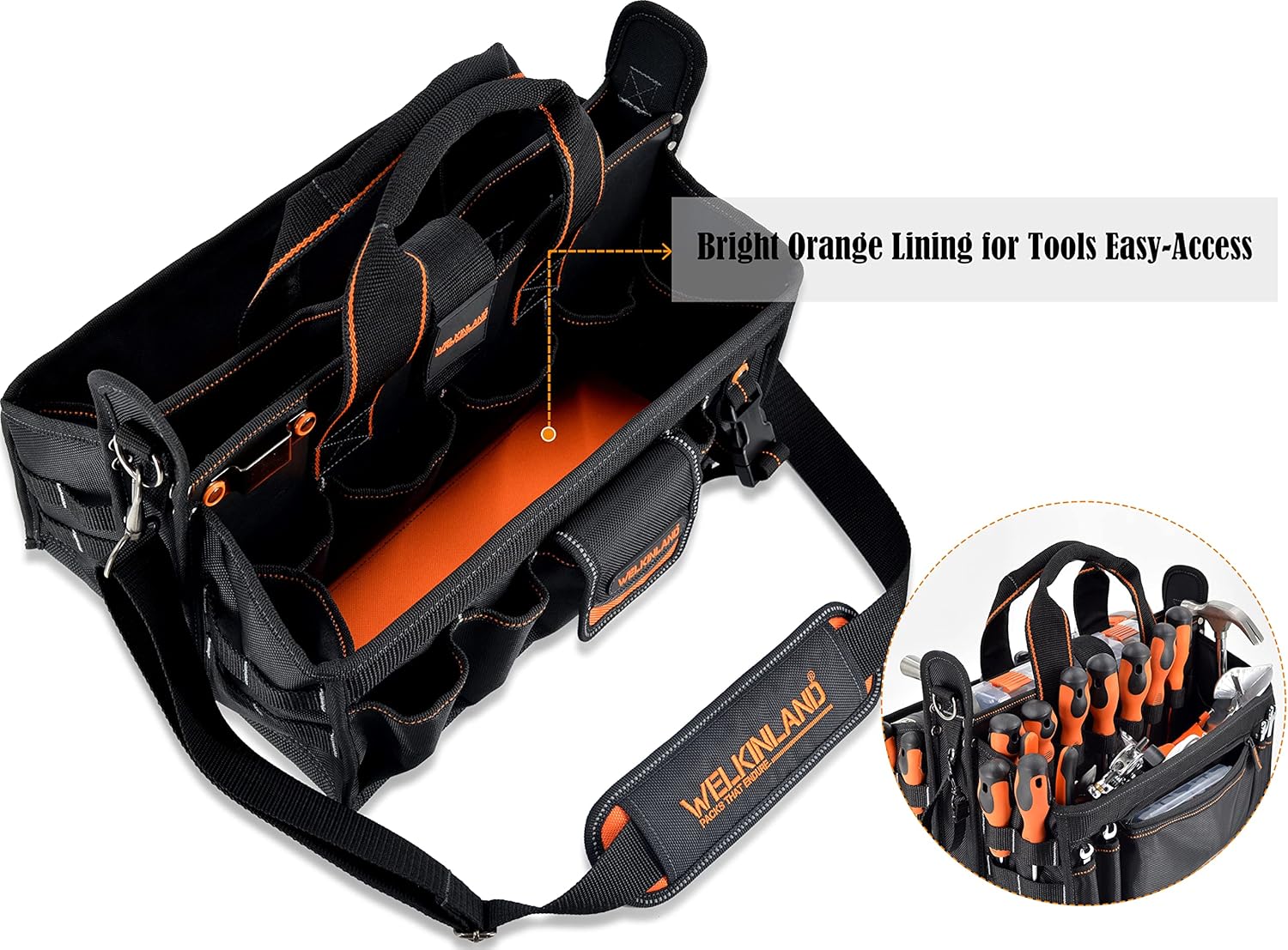 WELKINLAND 19-POCKETS Tool tote, HVAC tool bags organizer, Heavy-Duty electrician tools bag, Tool tote bag w/socket organizer tool boxes, Stay-Up maintenance tools bags