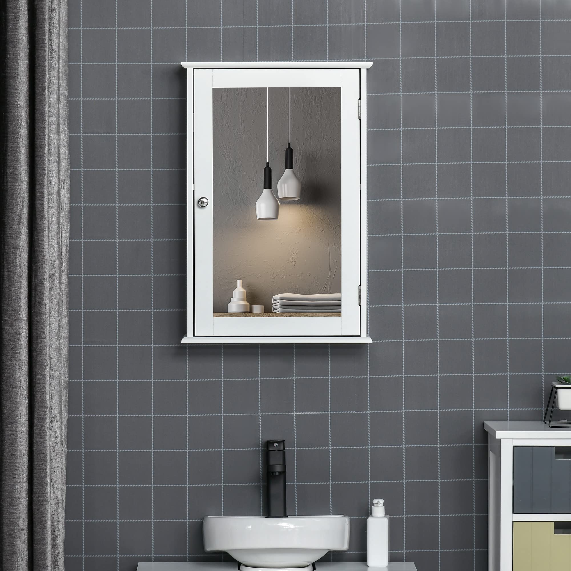 kleankin Specchio Bagno Contenitore con Chiusura Magnetica, Mobiletto Bagno da Parete Salvaspazio in Legno, 41x14x60cm, Bianco