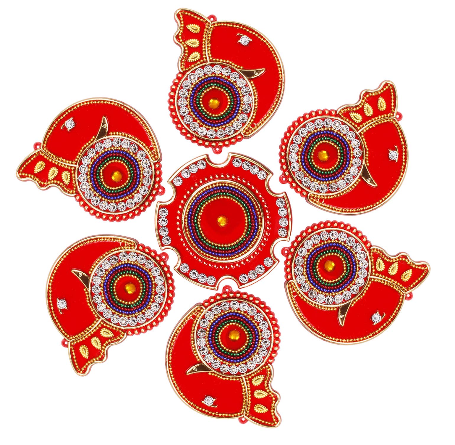 Red Sringa Design Acrylic Rangoli Floor Decorations Table Decoration Studded Stones Sequins Traditional Festive Home Door Decor | ARTS-26
