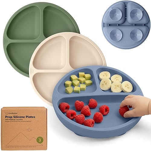 KeaBabies Suction Plates for Baby, Toddler - 3-Pack 100% Silicone Toddler Plates with Suction, Divided, BPA-Free Baby Led Weaning Essentials for Kids, Dishwasher, Microwave Safe, Durable (Slate)