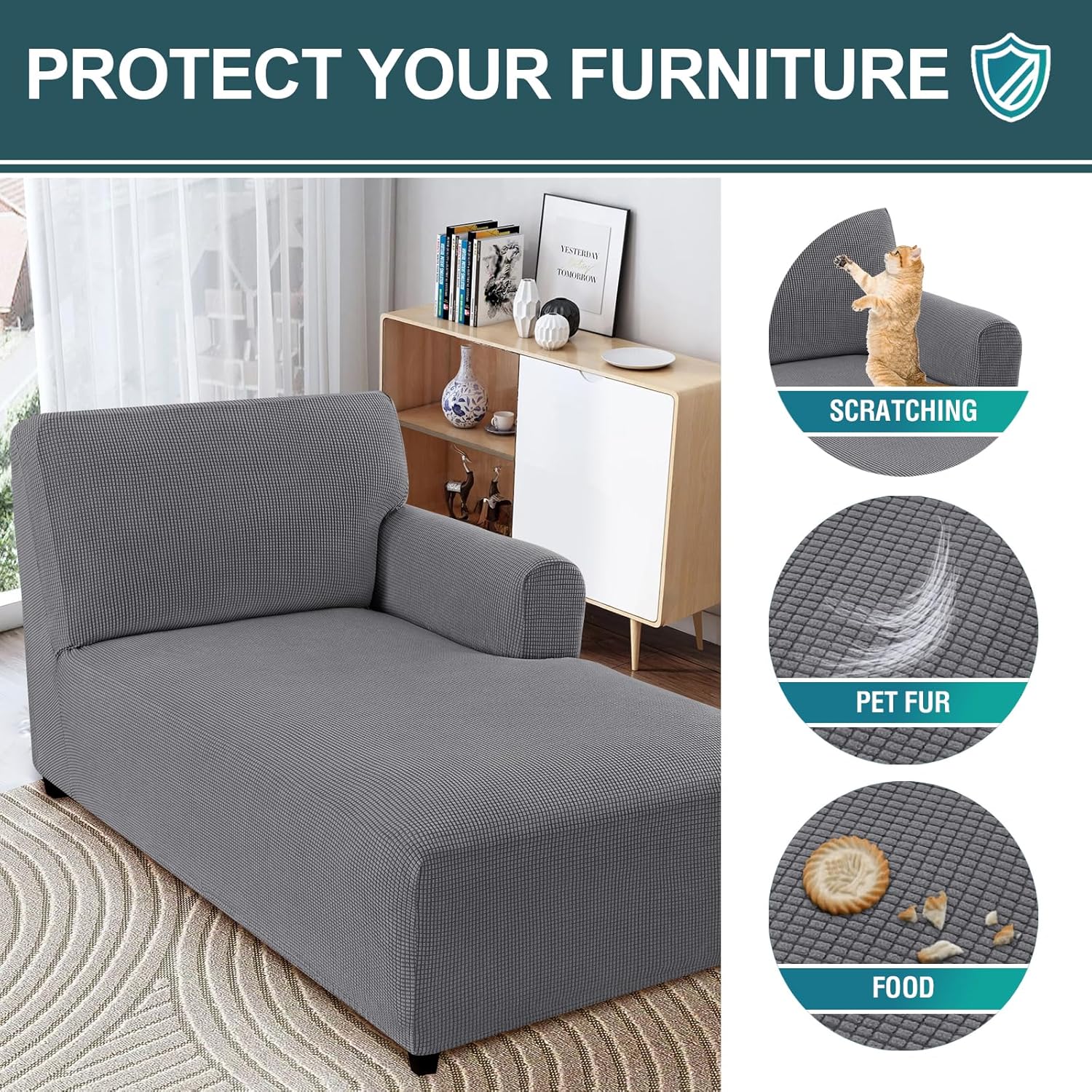 FantasDecor Right Chaise Lounge Cover Stretch Chair Lattice Slipcover with Armrests for Living Room Bedroom Right Arm Soft Jacquard Fabric Machine Washable, Grey,Right Chaise