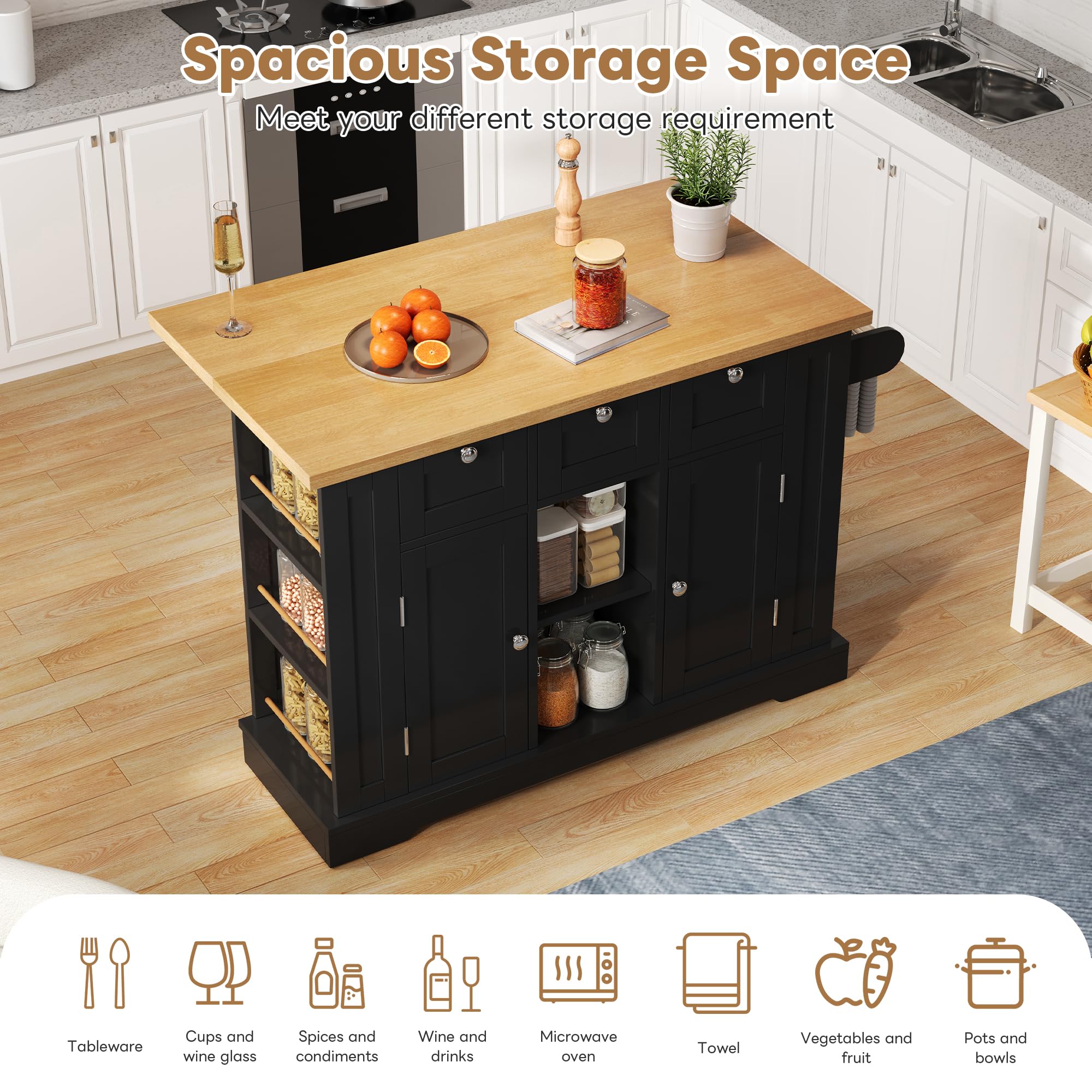 Isla De Cocina con Encimera Cocina Plegable y Enchufe de Carga, Armario con Cajones y Puerta, Muebles de Salon con Almacenamiento Abiertos, Mueble Auxiliar para Comedor, 132x87x70 cm (Negro)