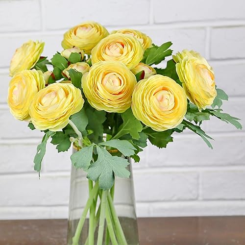 Miniatura 4 de Flores artificiales de ranúnculo con tallo de tacto real, flores de ranúnculo de seda (amarillo cremoso, 10 unidades)