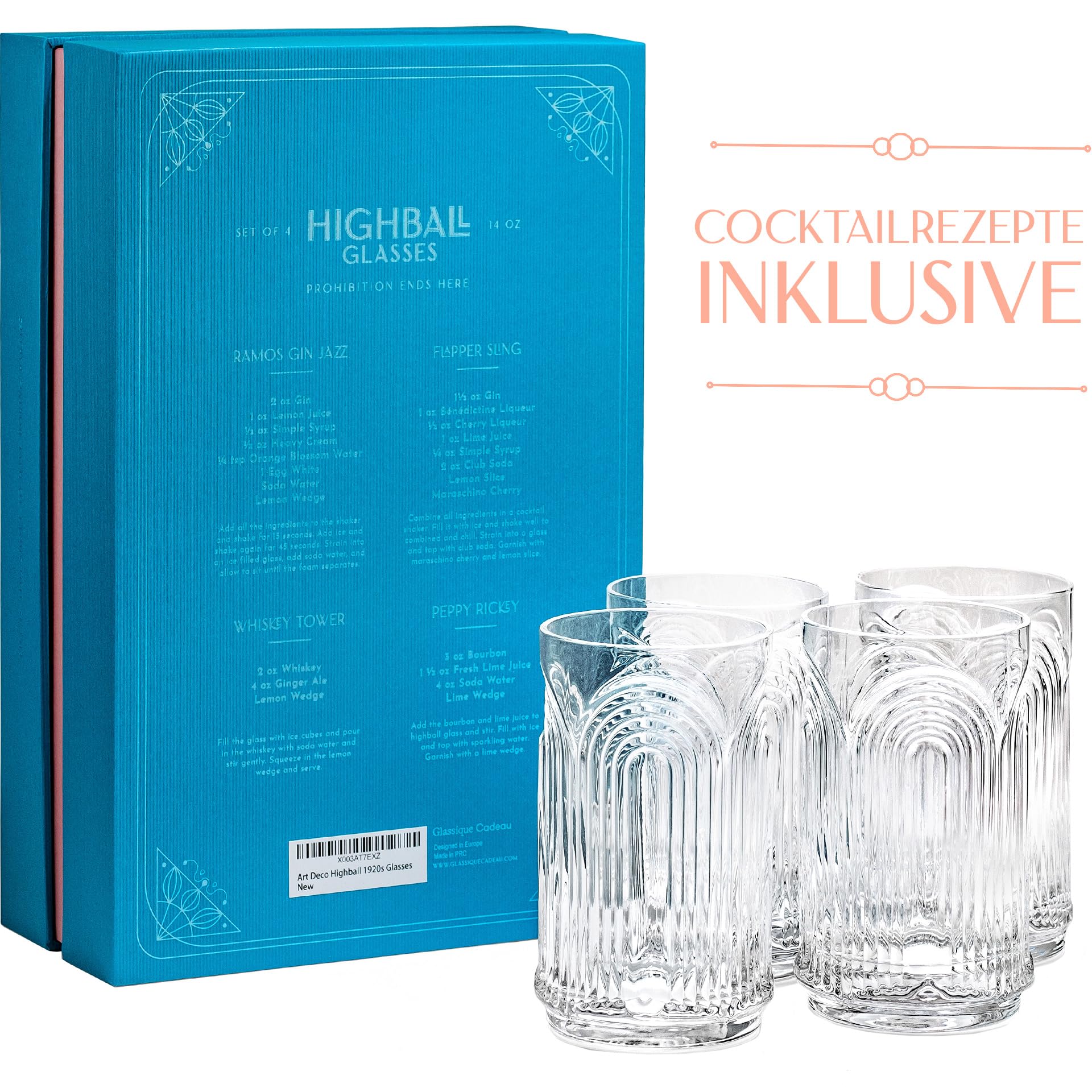 GLASSIQUE CADEAU Vintage Art Deco 1920er Gin Cocktail Longdrinkgläser mit Relief für Caipirinha, Mojito, Gin Tonic, Cuba Libre | 4er Set | 400 ml Hohe Highball Cocktailgläser