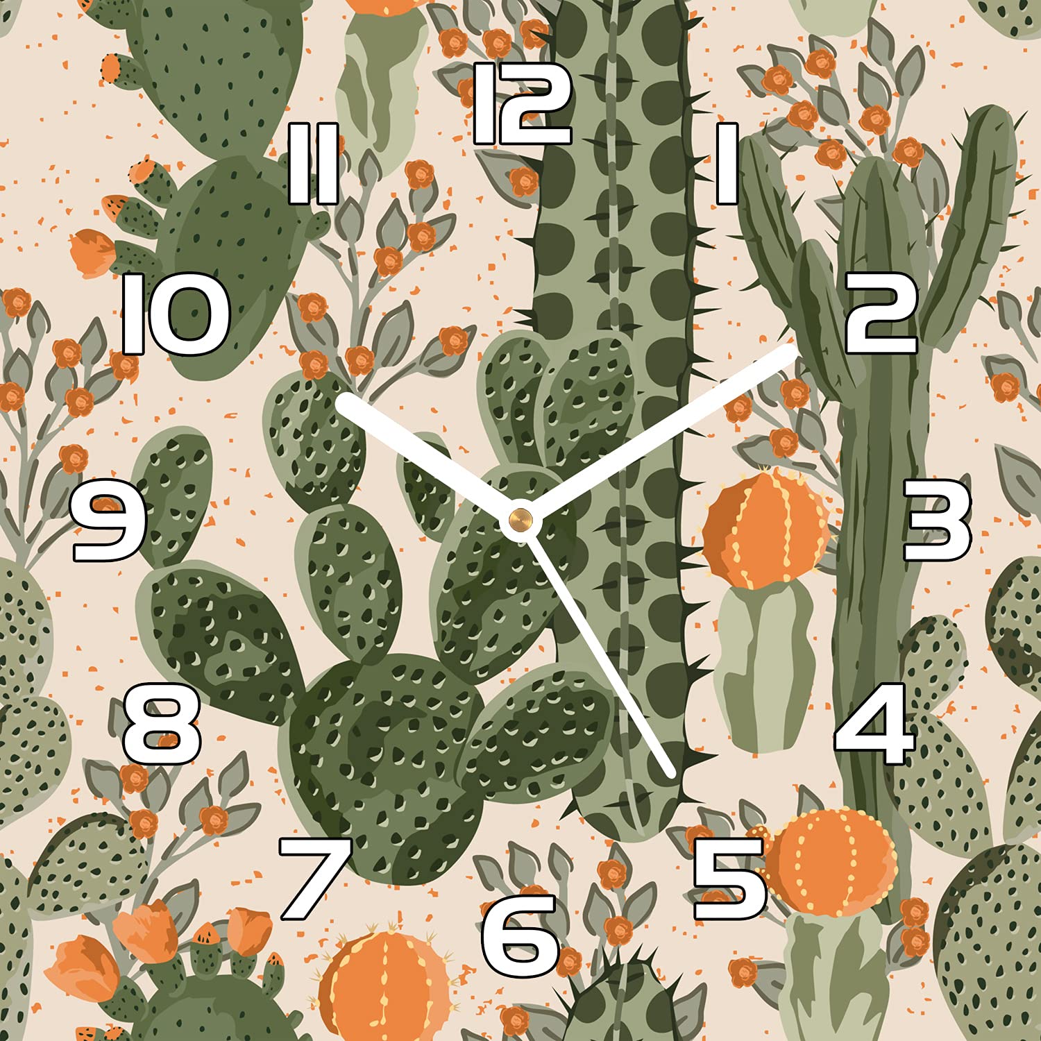 Horloge de salon moderne en verre 30x30 cm aiguilles blanches cactus
