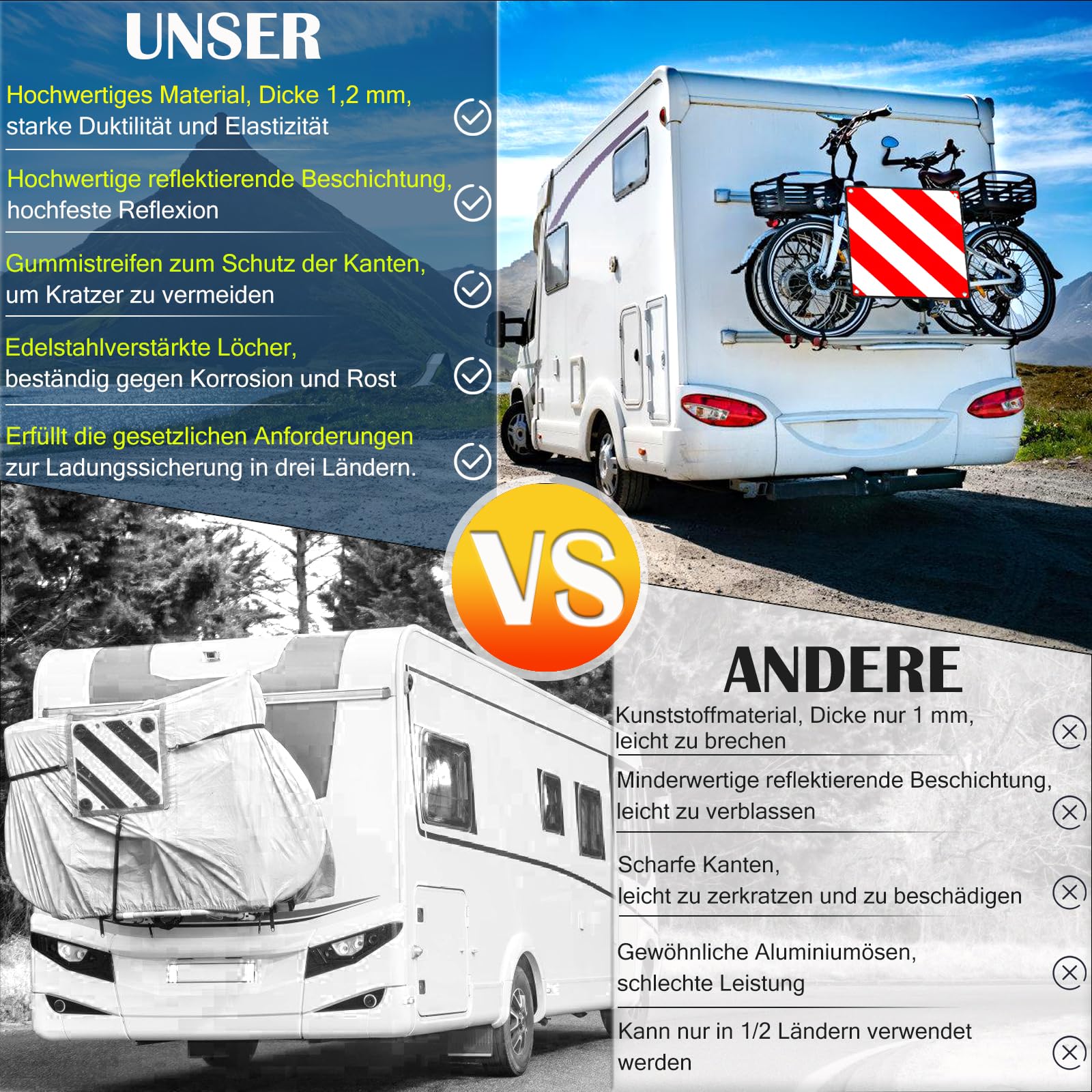 2 Stück Alu Warntafel für Italien Spanien Portugal, 3 In 1 Reflektierend Warnschild 50x50CM mit Spannseile & Eckenschützer, Zertifizierte für Fahrradträger Heckträger Anhänger Auto Wohnmobil