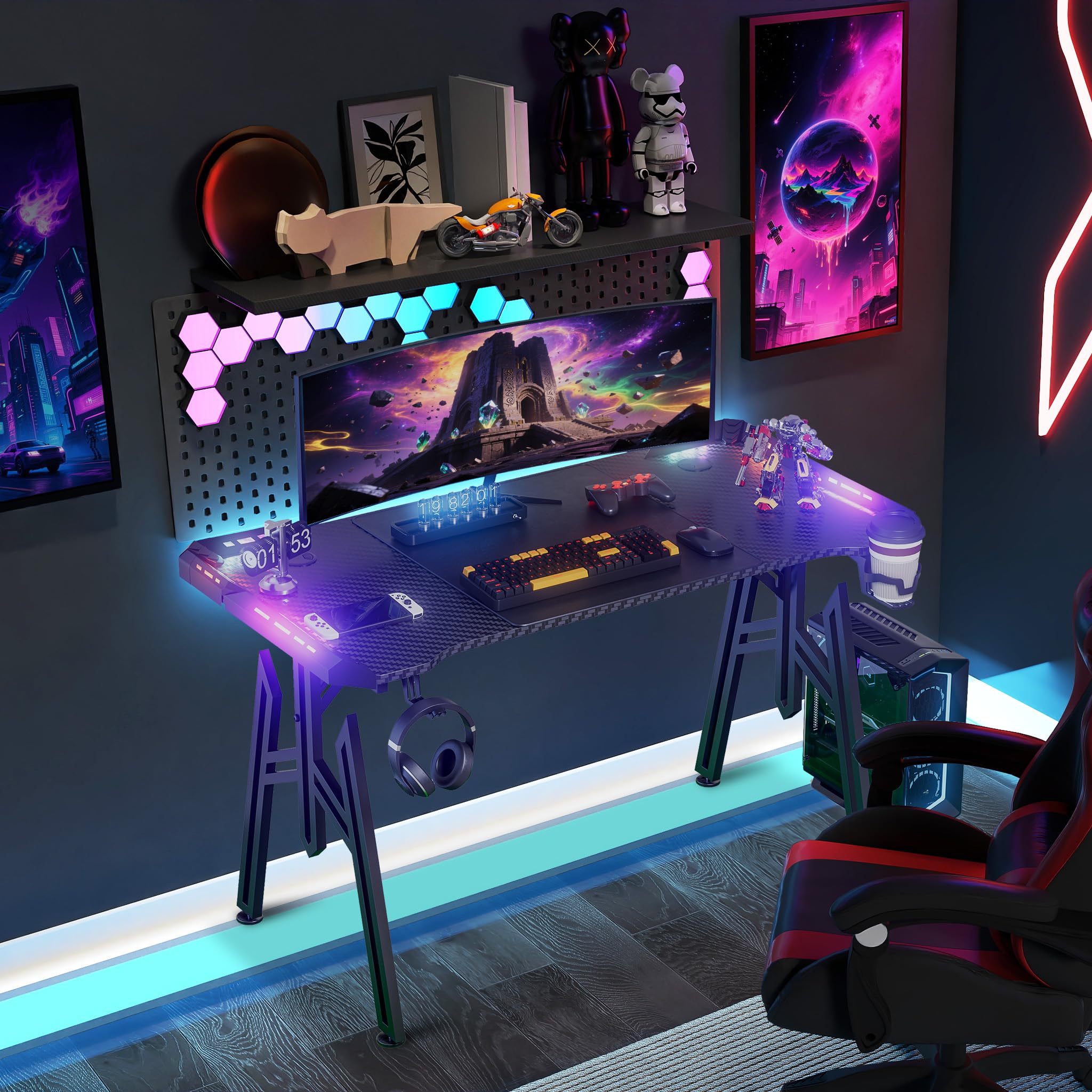LZQ Scrivania da gaming a LED da 120 x 60 cm, colore nero, tavolo per PC con supporto per bevande e ganci per cuffie, scrivania da gaming ergonomica con telaio M