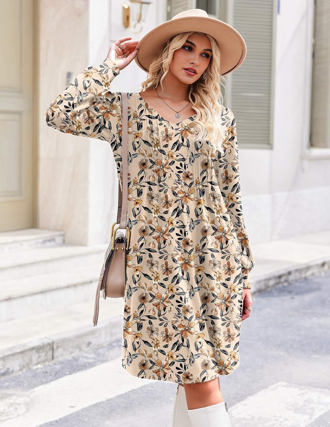 Zeagoo Fall Dresses for Women Long Sleeve Casual Pleated V Neck Dress 2025 A Line Tunic Dress - Image 3